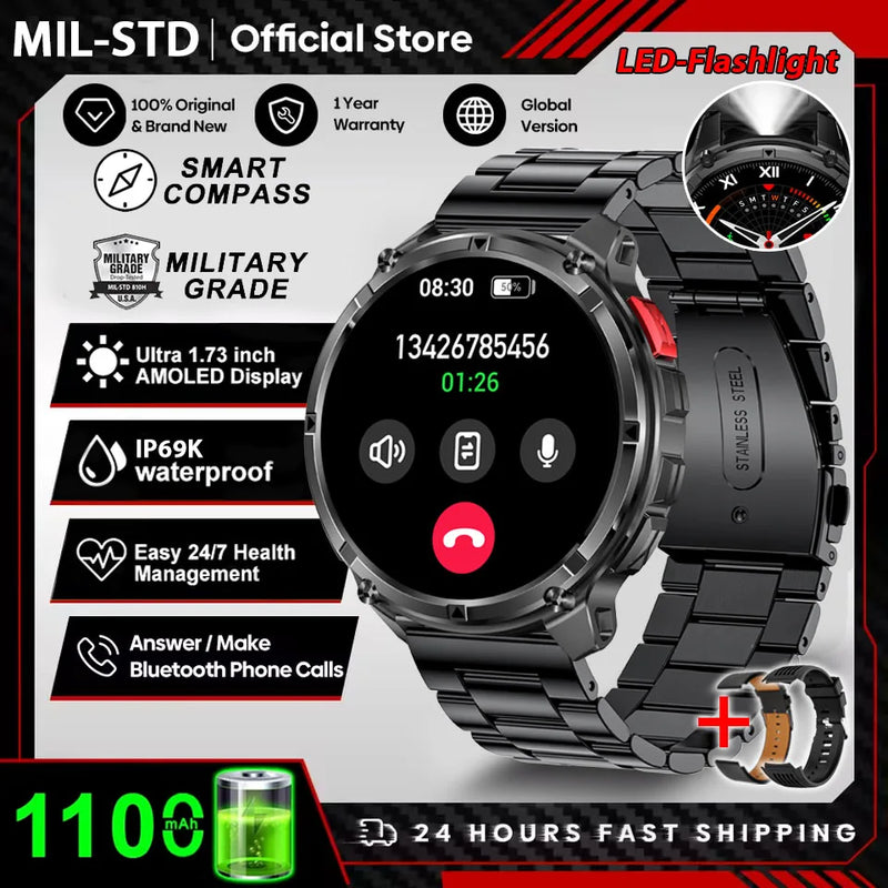 2026 New 1100mah AMOLED Smart Watch Men 170+Sport Fitness LED Flashlight IP69 Waterproof Bluetooth call GPS track Smartwatch iOS