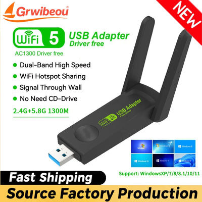 Grwiibeou Wireless USB WiFi Adapter 1300Mbps Dongle Network Card Dual Band 2.4G/5G Receiver for PC Desktop Laptop | SAMAG