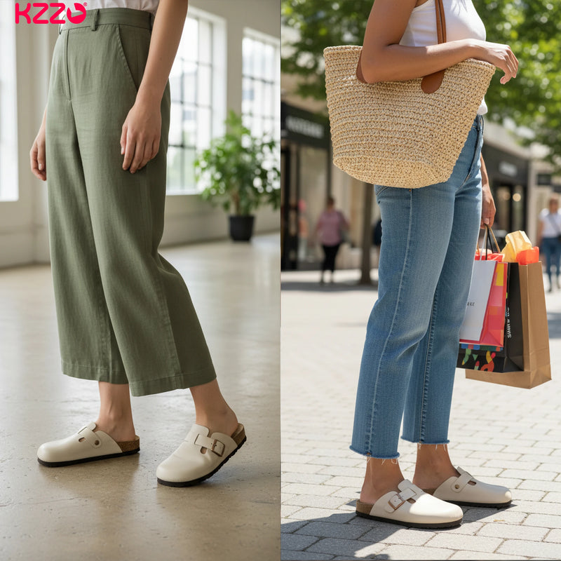 KZZO Waterproof Genuine Leather Mules for Women Non Slip Clog Shoes Outdoor Home Comfort Slip On Flat Adjustable Strap White