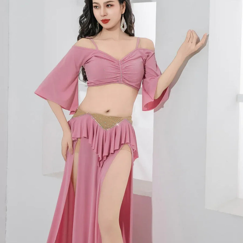 Women Girls Belly Dance Costume Set 2 Piece Half Sleeve Top Long Tassel Skirt Professional Bellydance Training Performance Wear