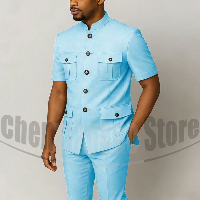 Men's Grey Mandarin Collar Suit Set Short Sleeves Multi-Pocket Jacket and Trousers Fashion Formal Smart Casual Wedding Suits