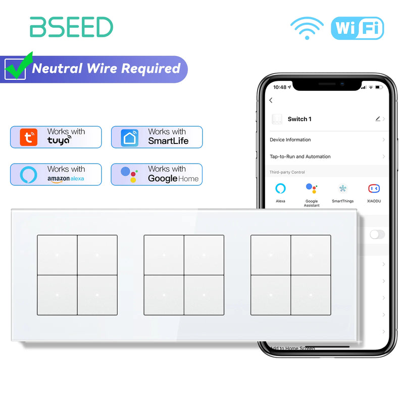 BSEED WIFI Light Switch 1/2/3/4Gang 2Way Smart Click Button Switch Glass Panel White LED Indicator Tuya Smart Life Alexa Control