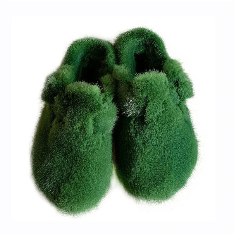 Mule Slippers Mink Fur Slides Comwarm Fashion Women Clogs Cork Insole Fur Slippers with Arch Support Outdoor Slides Home Shoes