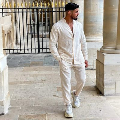 New Men's Breathable Long - Sleeve Shirt Set & 100% Cotton Solid Color Casual Trousers Two - Piece for a Resort Style | SAMAG