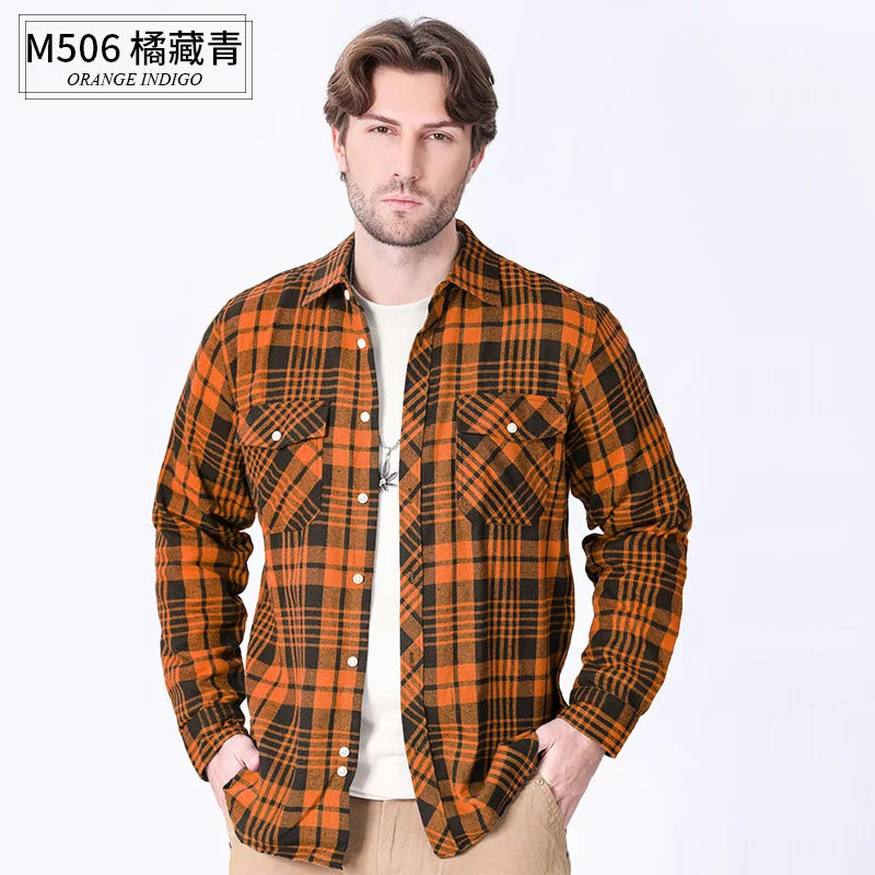 American size men's long-sleeved shirt autumn and winter flannel coat plaid casual non-ironing large size with pockets