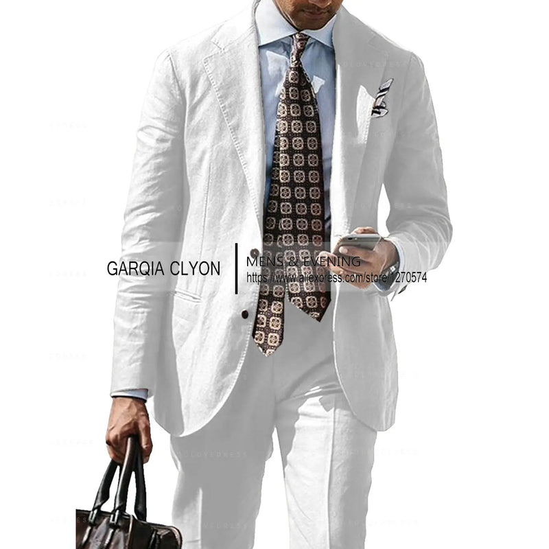 2025 New Casual Men's Suit Jacket Summer Spring Blazer Two Bottom Breathable Cotton Linen Coat 2 Pieces( Jacket+Pants )