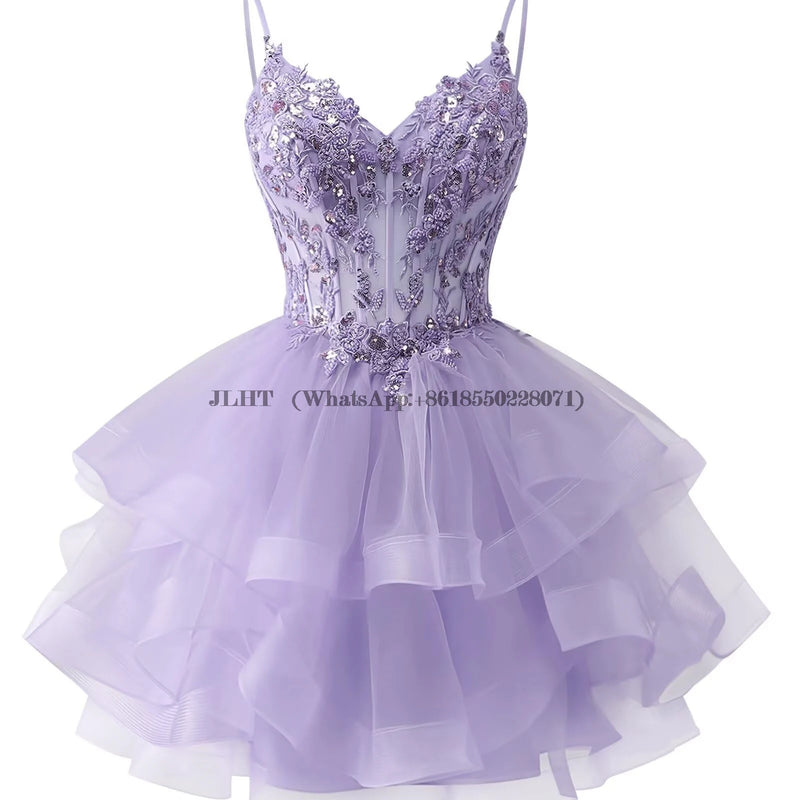 Customized Tiered Tulle A Line Homecoming Dress For Teens Sparkly Lace Applique Beaded Short Prom Dress Mini Cocktail Party Gown