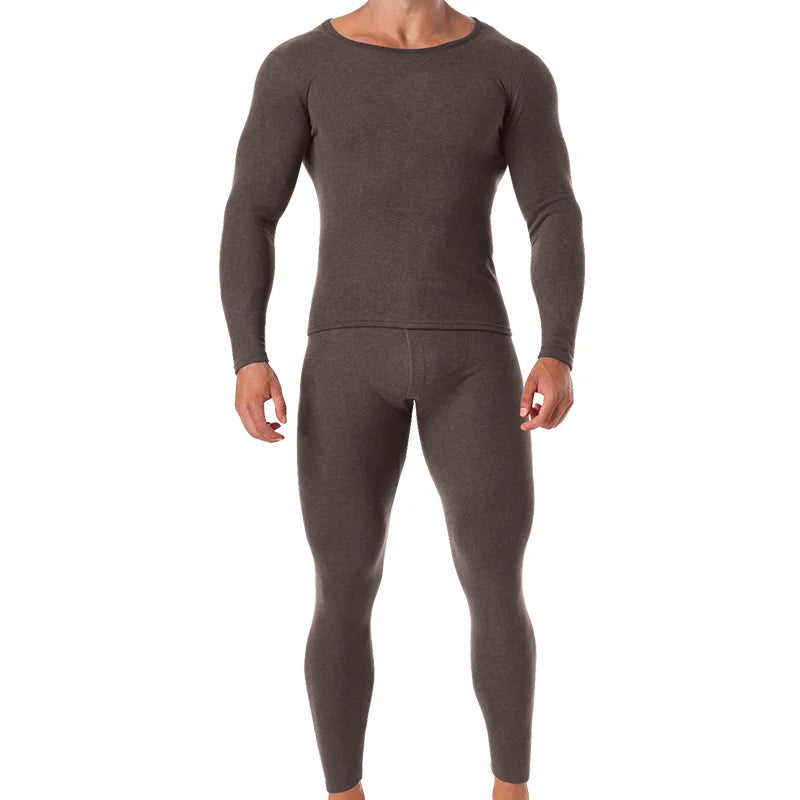 Winter Long Johns Men's Thermal Underwear Thickened Cashmere Silk Base Layer Set  Fleece Warm Pajamas Set Round Neck