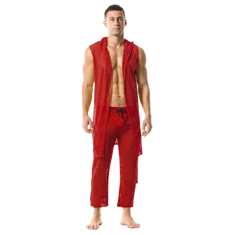 Men's Fishnet Hollow Out Robes Classic Lounge Pants Sexy Sleepwear Mens Robe Sets Daily Home Sleeveless Bathrobes Hooded Pajamas