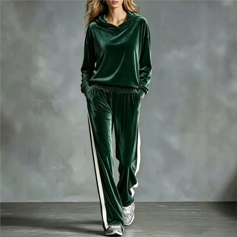 AAutumn New Women's Hooded Sweatshirt Trousers 2-piece Casual Loose Velvet Sports Fashion Patchwork Female Trousers Suit 2026