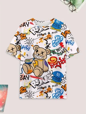 Men's casual pajama set, bear and letter printed T-shirt and shorts, comfortable summer sleepwear