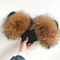 Women Real Raccoon Fur Slides Fluffy Luxury Furry Open Toe Slippers Indoor Outdoor Summer Sandals Non Slip Soft Comfy Sole Cozy