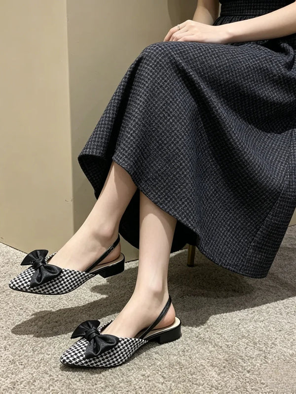 Women French Polka Dot Plaid Bow Slingback Sandals, Pointed Toe Thin Strap Flat Pumps, Vintage Daily Wear Mules