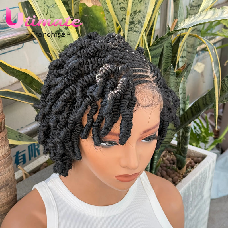 350# Bantu Braided Wigs Synthetic Full Lace Short Cornrow Braided Wigs Handmade Twist Wig with Baby Hair for Black Women