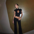 Women Fashion Sexy Short Sleeves Suit Casual Sheath Hollow Out 2 Pieces (Tops+Long Pant) Matching Sets Female Street Tracksuit