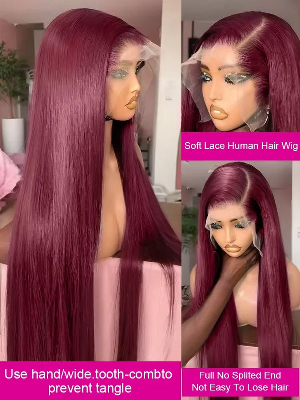 250% Density 32 Inch 99J Burgundy 13x6 HD Lace Front Human Hair Wigs Red Wine Brazilian Straight 13x4 Glueless Lace Frontal Wigs
