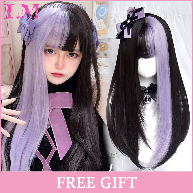 LM Medium Length Pink Cosplay Wig Heat Resistant Costume Party Synthetic Wigs 2 Clip On Ponytail 7 Colors