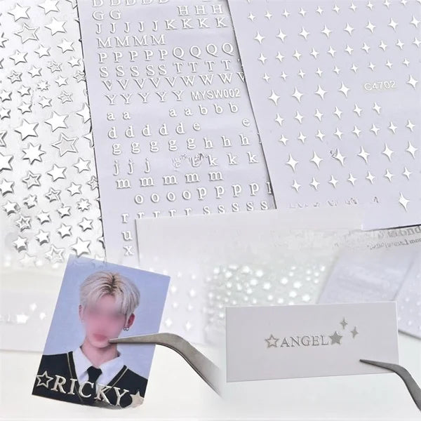 3Pcs  Toploader Decorative Stickers Set - Silver Letters & Starburst Star Design Photocard Accessories for Fans, DIY Planner Scrapbook Stationery, Album Decoration Supplies