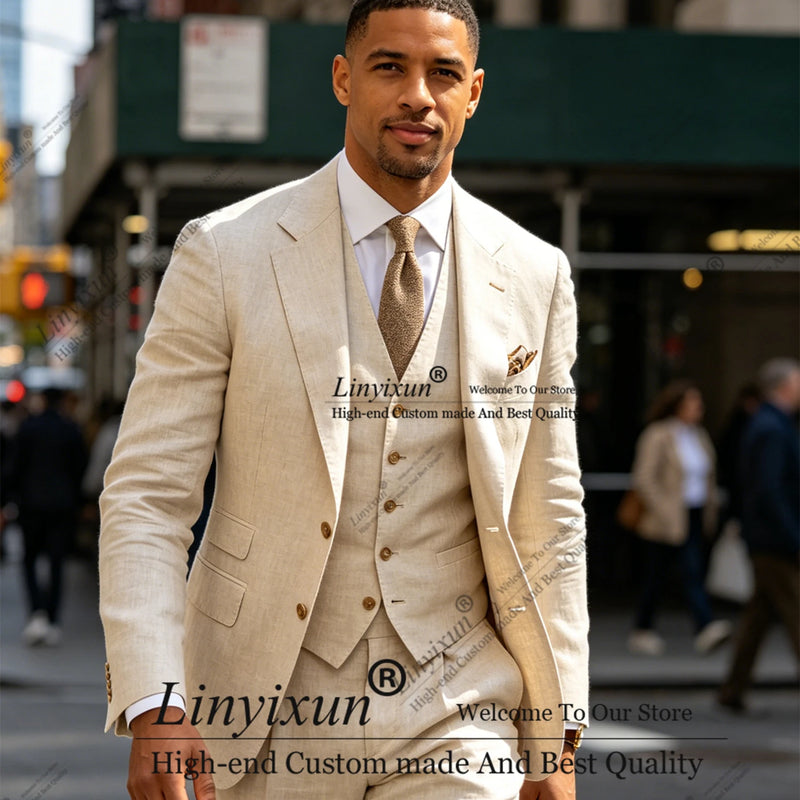 Summer linen Beach Men Suits Slim Fit Cool 3 Piece Wedding Groom Tuxedo Male Fashion Costume Blazer men's suits and separates