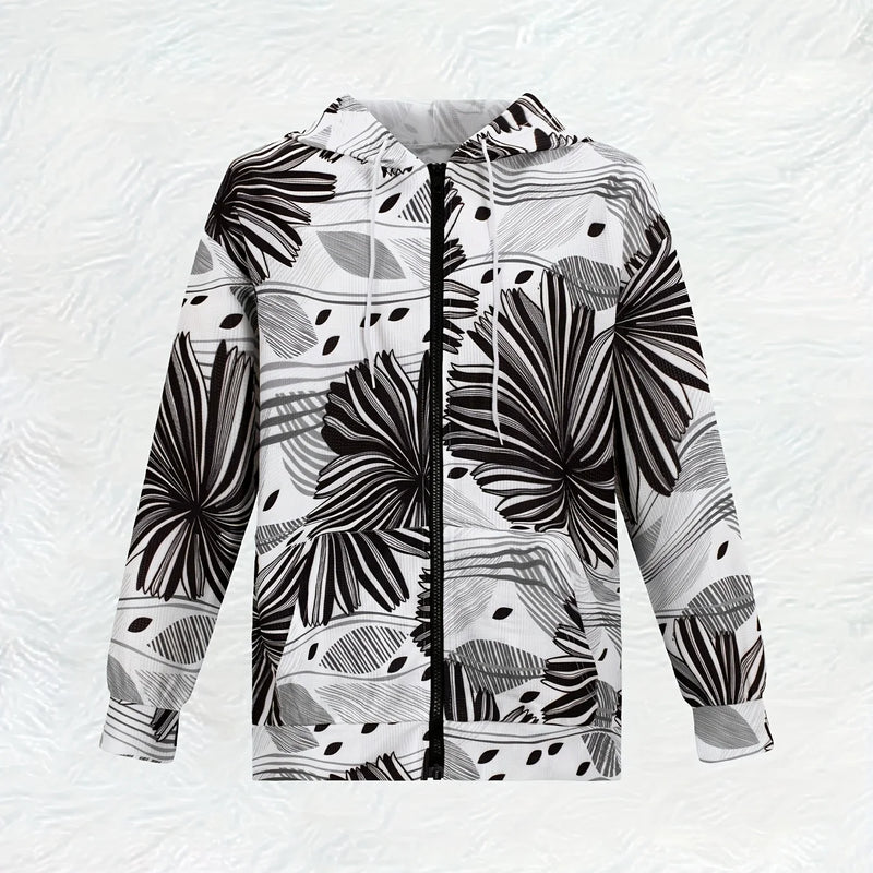 Casual Hooded Jacket for Spring Autumn Abstract Geometric Black and White Pattern Long Sleeve Pullover Sweatshirt Streetwear