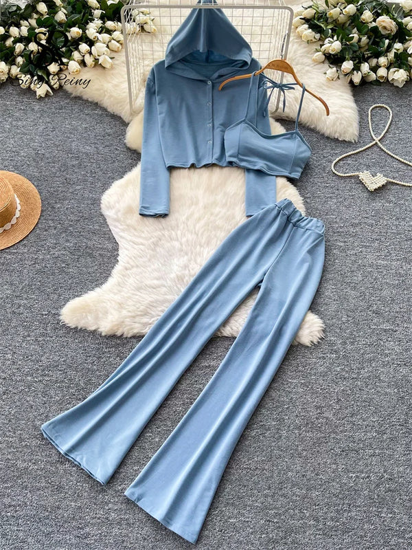 SINGREINY Ladies Fashion Sporty Suits Simple Hooded Cardigan+Halter Lingerie Top+Long Pants Korean Simple Slim Casual 3Pcs Sets