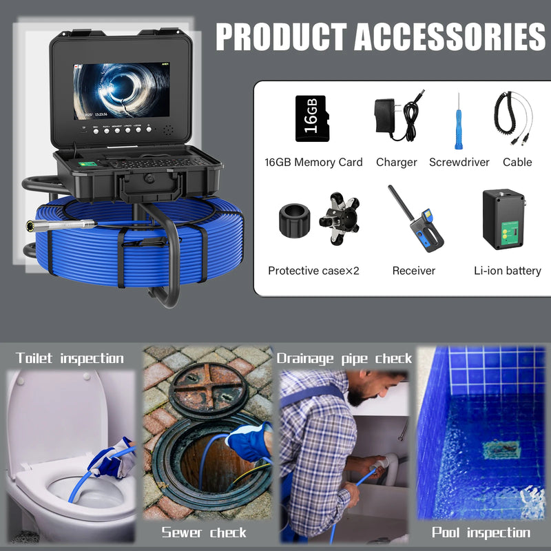 10.1inch IPS Sewer Pipe Inspection Camera with 512hz Locator Meter Counter DVR  7mm Cable Auto Self-Leveling  AHD 1080P Borescop