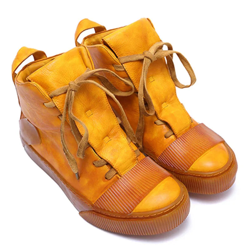 Retro Mixed Color Men Ankle Boots Handmade Genuine Leather High-top Men Sneakers Dark Black Street Style Fashion Men Flat Shoes