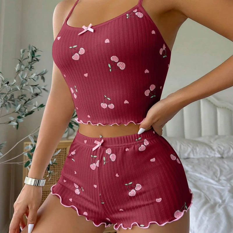 Women's Heart Print Sexy Ribbed Bow Decor Pajama Set, Round Neck Backless Comfortable Crop Cami Top & Shorts, Summer Nightwear