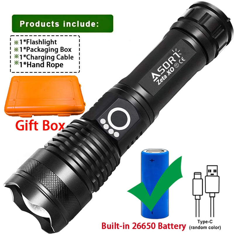 Most Powerful Flashlights High Power XHP70 LED Super Bright Torch USB Rechargeable Zoomable Lantern for Camping Hunting  26650