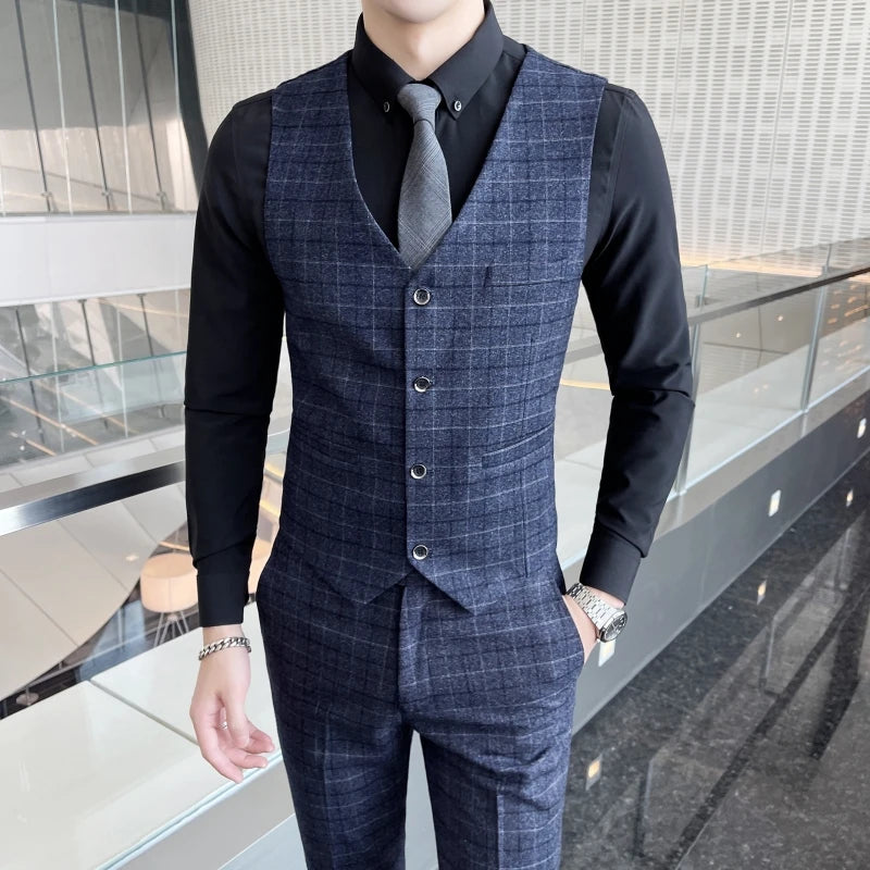 Men's High-Quality Cotton Texture Wedding Suit Set - Plaid Pattern Business Casual Three-Piece Vest Trousers Ensemble