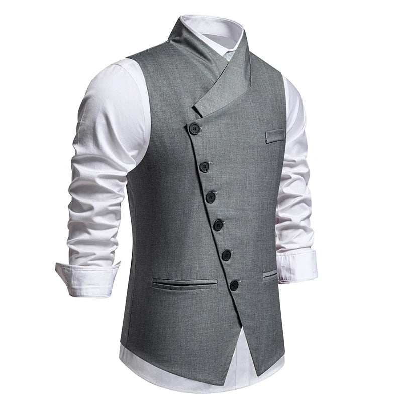 Men's Wedding and Party Vest with Diagonal Front Placket and Single-Button Closure