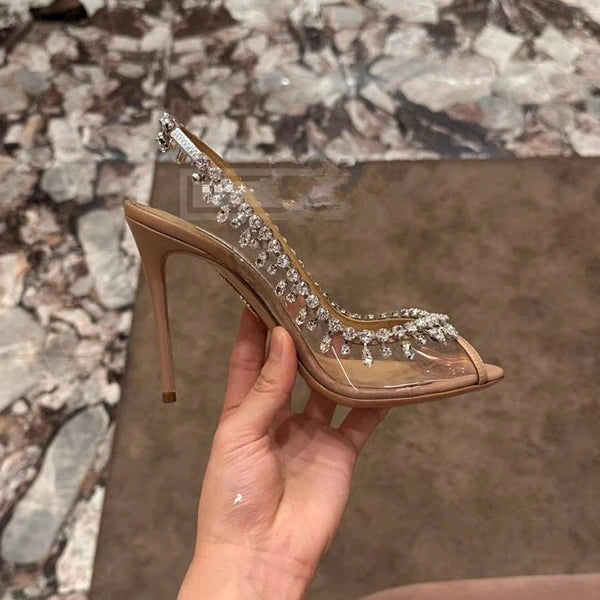 Fashion Women's Pumps and Heels Fish Mouth Transparent Band Rhinestone Chain Trend Stiletto Heel Womens Shoes Sandalias De Mujer