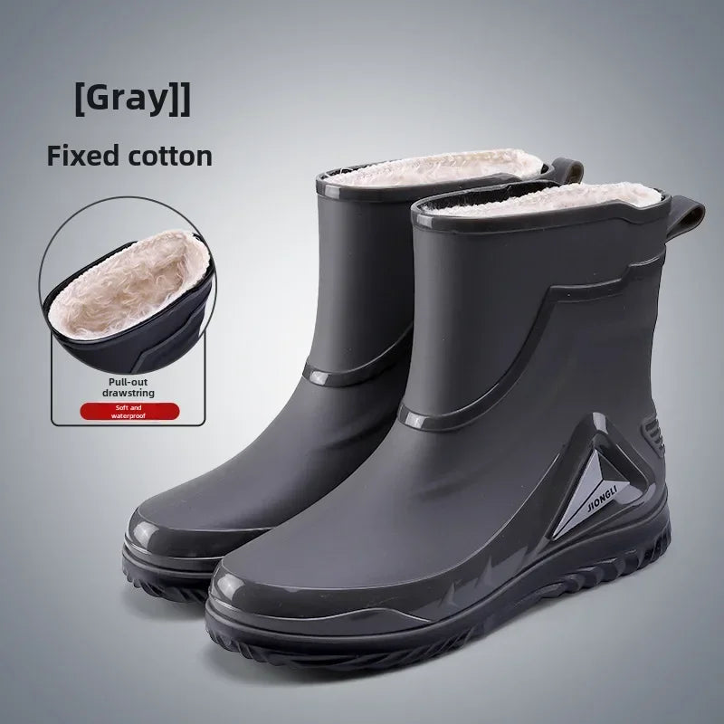 Men's Rain Shoes Fashion Waterproof Men's Rain Shoes Outdoor Non-slip Work Shoes for Men Cotton Warm Rain Boots Kitchen Footwear