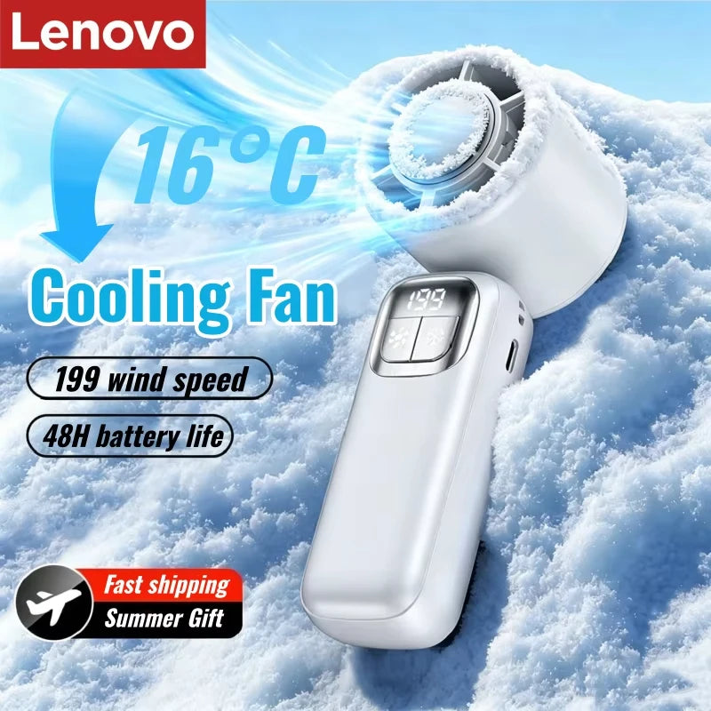 Lenovo Handheld Fan Cooling Ice Cooler Rechargeable USB Brushless Motor 199 High Speed Turbo Jet Fan for Outdoor Travel Office