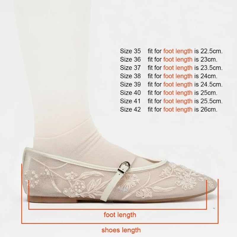 Embroidered Pearl Mesh Women Mary Jane Shoes Casual Summer Breathable Footwear Round Toe Belt Buckle Ballet Style Flats for Lady