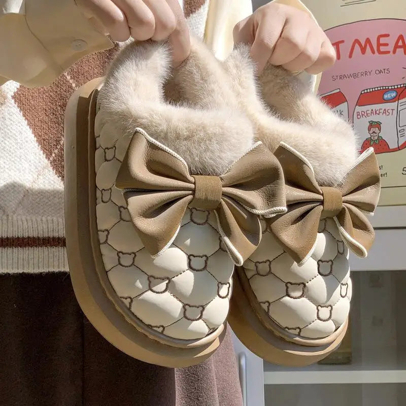 Platform Ankle Boots Female Bowknot Luxury Designer Indoor Fluffy Women's Slippers Trend Winter Snow Booties Flat Plush Footwear