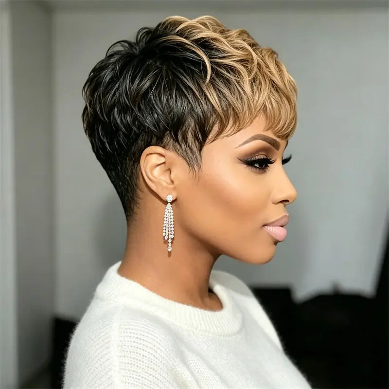 Pixie Cut Human Hair Wig Full Machine Made Black Honey Blonde Ombre 6 Inch Curly Layer Short Wig For Black Women Daily Party