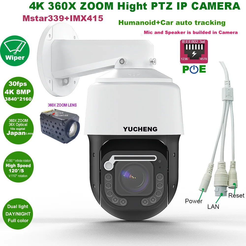 360X ZOOM IMX415 4K 8MP 30fps POE Temperature Display RTMP High Speed Dome PTZ Wiper IP Camera ONVIF Absolute Move Hikvision
