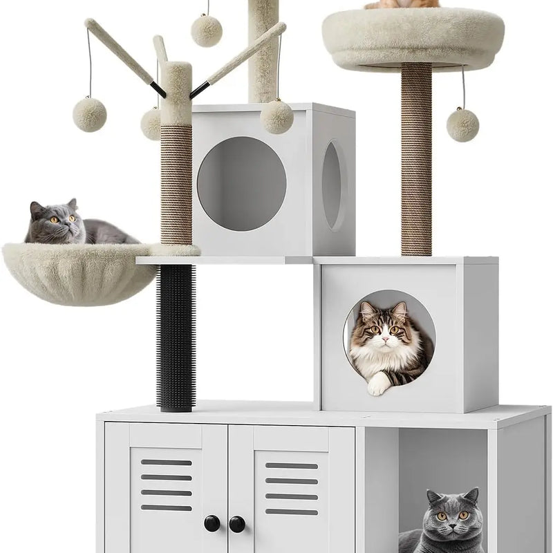 Garvee Large Cat Tree and Tower for Indoor Cats With Hidden Washroom Cabinet,Post,Perch&Brush Spacious Hammock Padded Perches and Condos Cat Toys