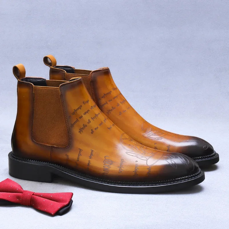 Genuine Leather Embossed Ankle Boots for Men Letter Business Formal Leather Boots Men's Chelsea Boots British Trendy Men's Boots