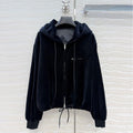 Autumn Winter Fashion Black Velvet Vintage Casual Wide Leg Pants Suit Women's Hooded Long Sleeve Coat+Drawstring Waist Trousers