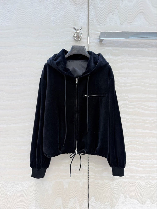 Autumn Winter Fashion Black Velvet Vintage Casual Wide Leg Pants Suit Women's Hooded Long Sleeve Coat+Drawstring Waist Trousers