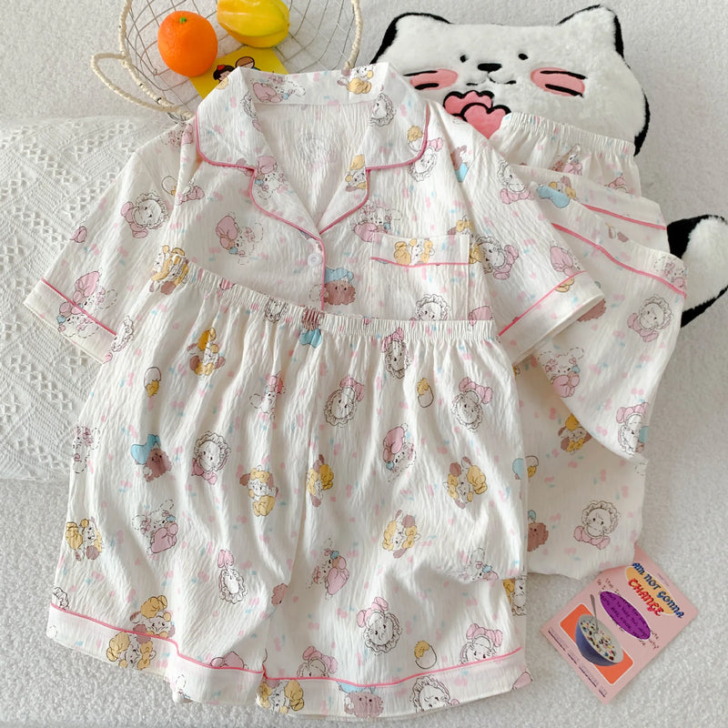 Cartoon Hello Kitty Summer Cardigan Lapel Women's Pajama Set Cloud Cotton Cute Printed Casual Loungewear Three-piece Set