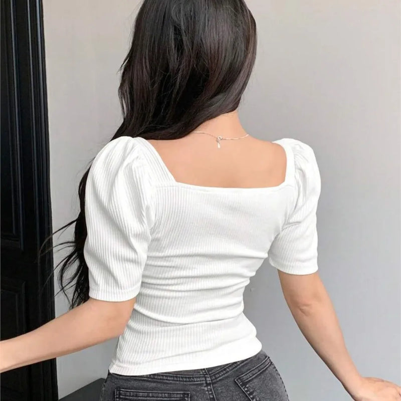 New Pure Desire Style Square Neck Puffed-sleeve Shirt For Women's Short Spicy Girl Knitted Patchwork Top