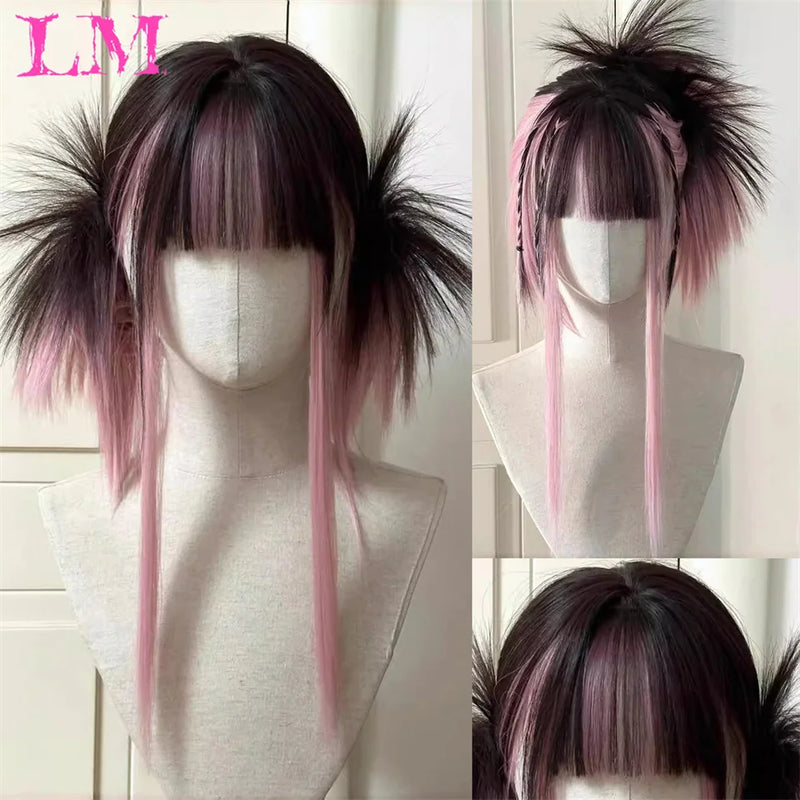 LM Medium Length Pink Cosplay Wig Heat Resistant Costume Party Synthetic Wigs 2 Clip On Ponytail 7 Colors