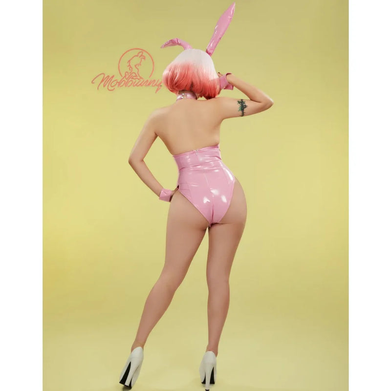 Mobbunny Women  Bunny Girl Cosplay Lingerie Set Pink Transparent Bandage Heart Buckle Bodysuit with Hand Ring Headband