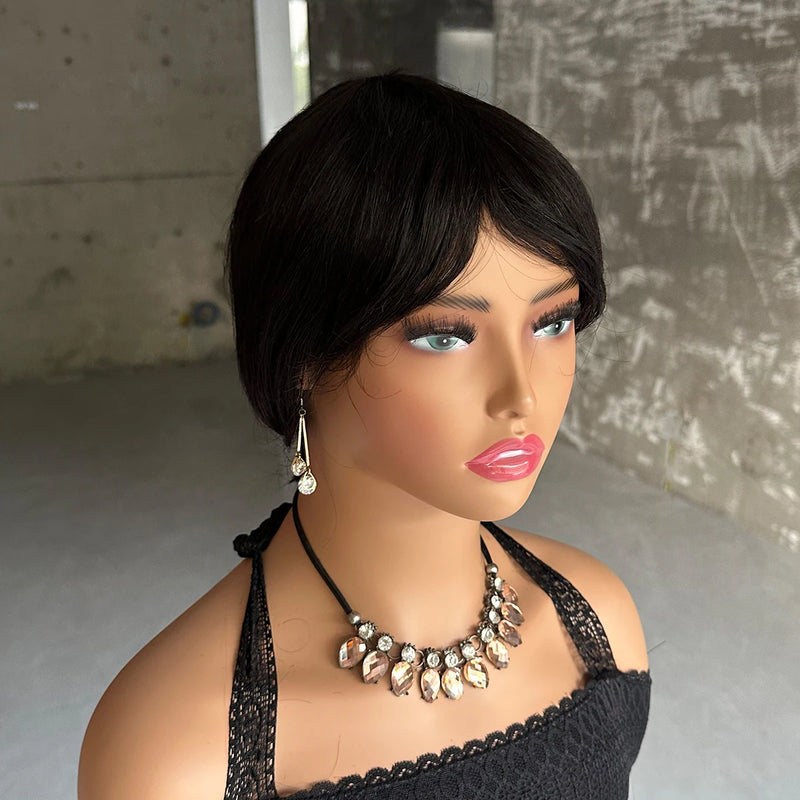 Straight Short Pixie Cut Wigs With Bangs For Women Ombre Brown Red Brazilian Human Hair Wigs Full Machine Made Wigs