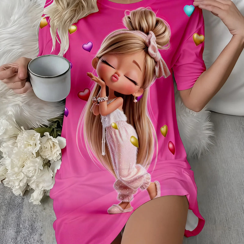 Cute Cartoon Printed Crew Neck Short Sleeve Night Dress | SAMAG