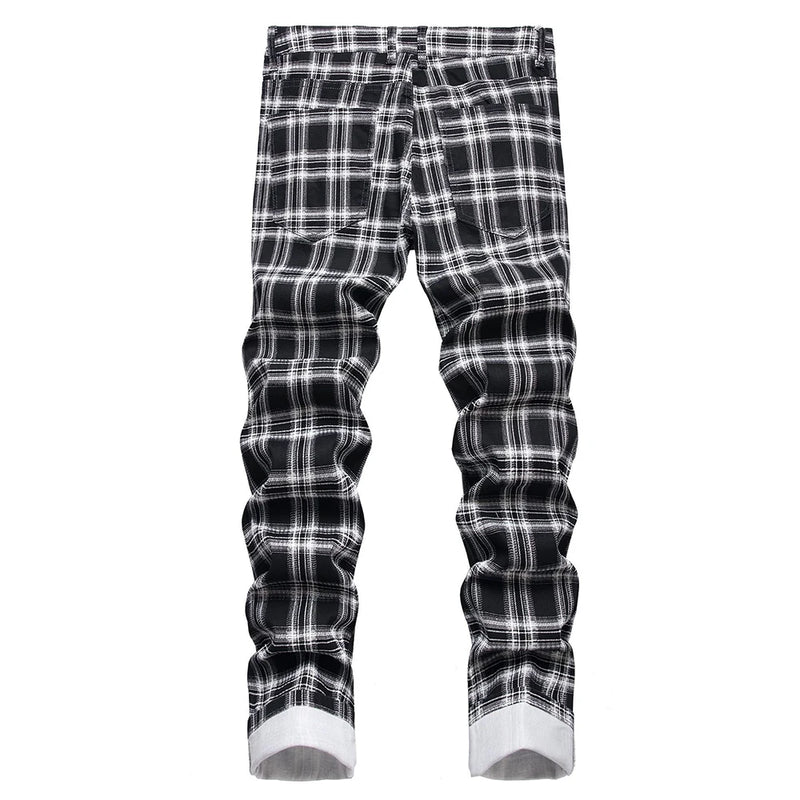 Men's Check Printed Jeans Fashion Black White Plaid | SAMAG