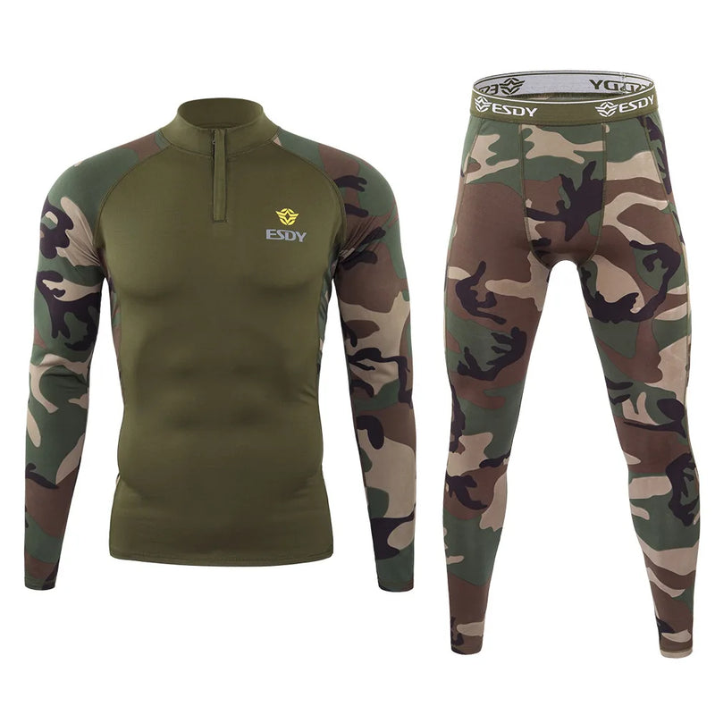 New Outdoor Sports Underwear Camo Training Long-Seeved Tops + Pants Suit Fitness Camping Army Hiking Hunting Underwear Clothes